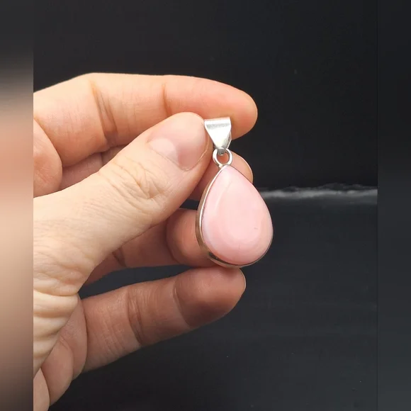 Pink Opal & Sterling Teardrop Pendant-  Chain For Display Only - Picture 4 of 11